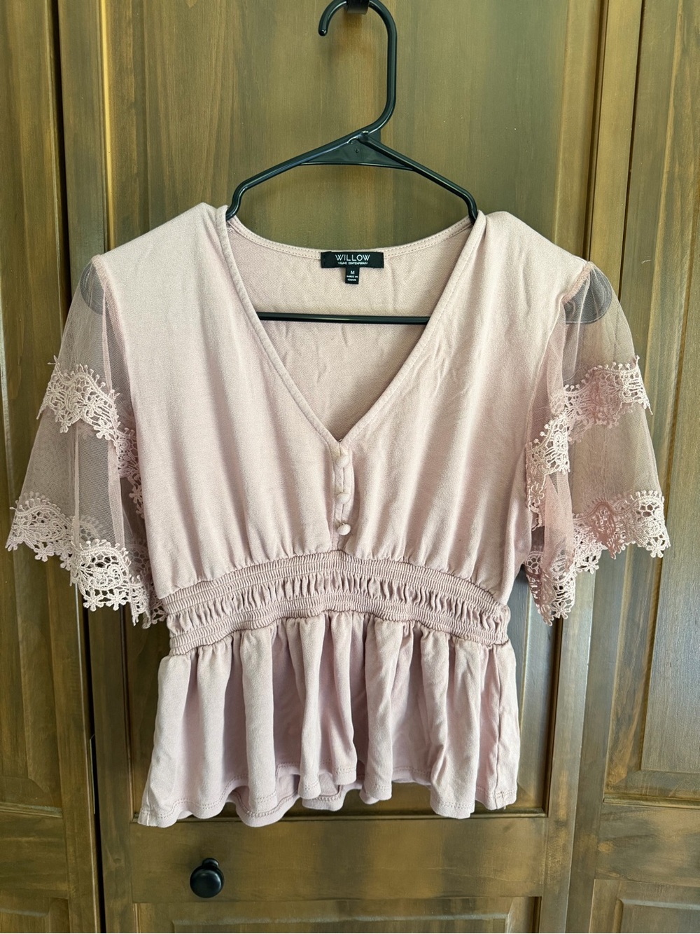 Willow Dusty Pink Lace Flutter-Sleeve Peplum Top